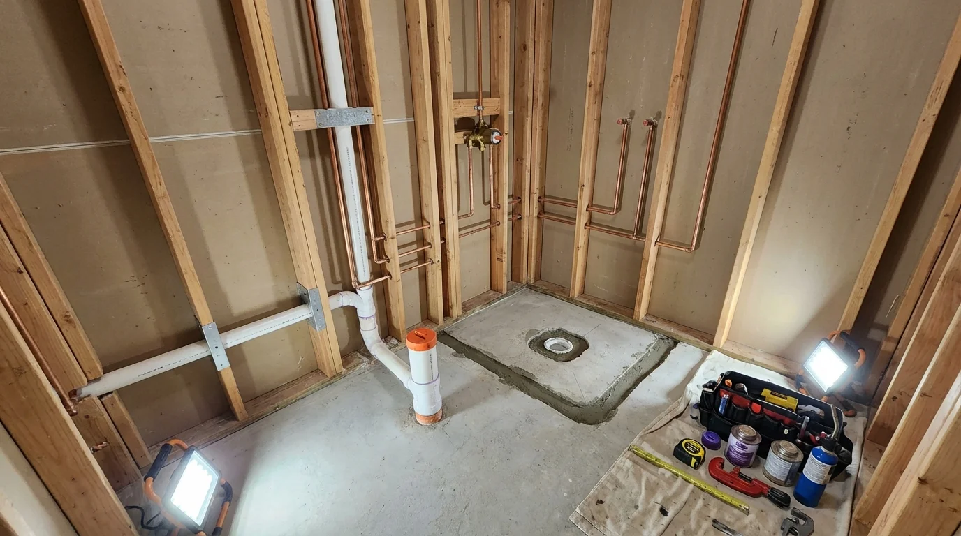 Bathroom rough-in plumbing during remodel by Johns Plumbing LLC in Priest River