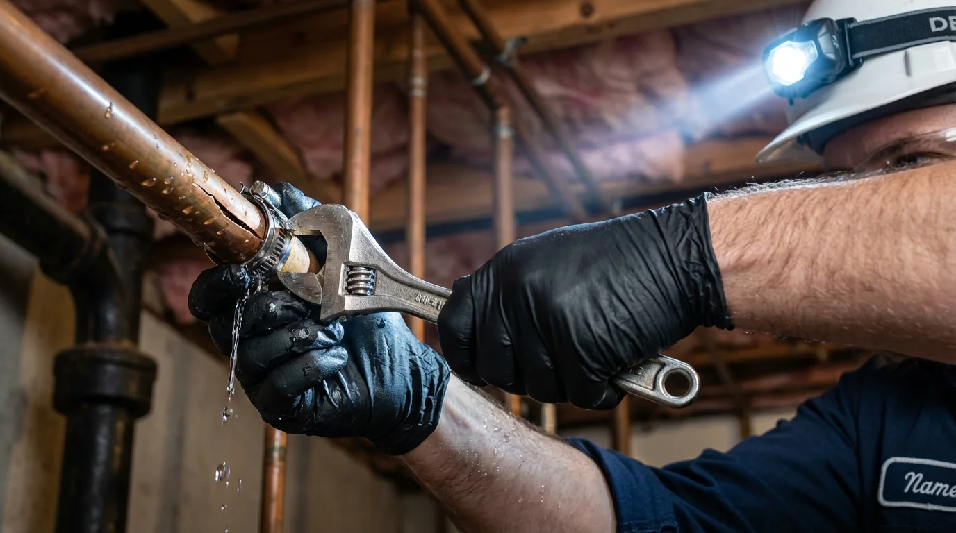 Emergency pipe clamp repair being performed by a Johns Plumbing LLC plumber in Priest River