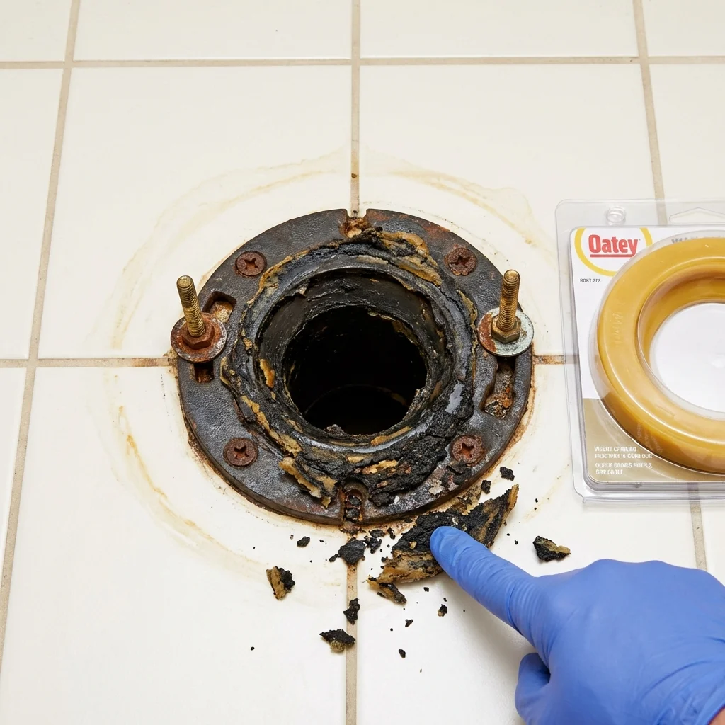 Failed wax ring showing water seepage at the base of a toilet in a Priest River, ID home