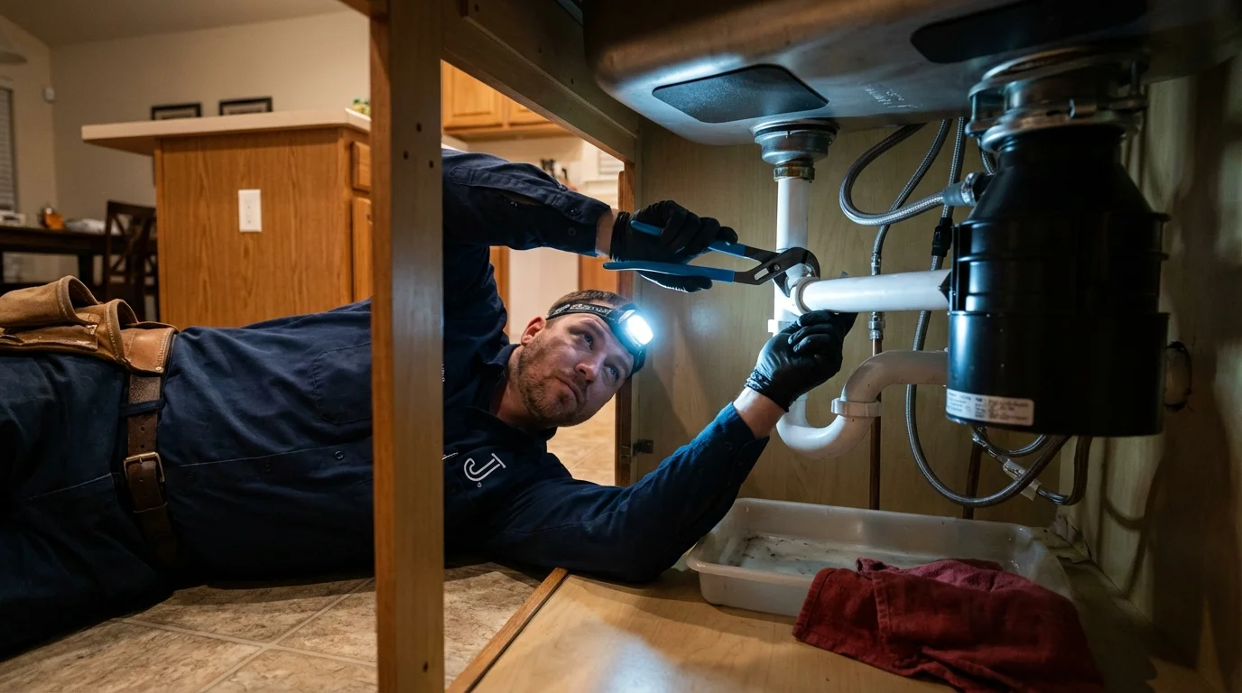 P-trap and supply line connections under a kitchen sink showing a common leak point in Priest River, ID